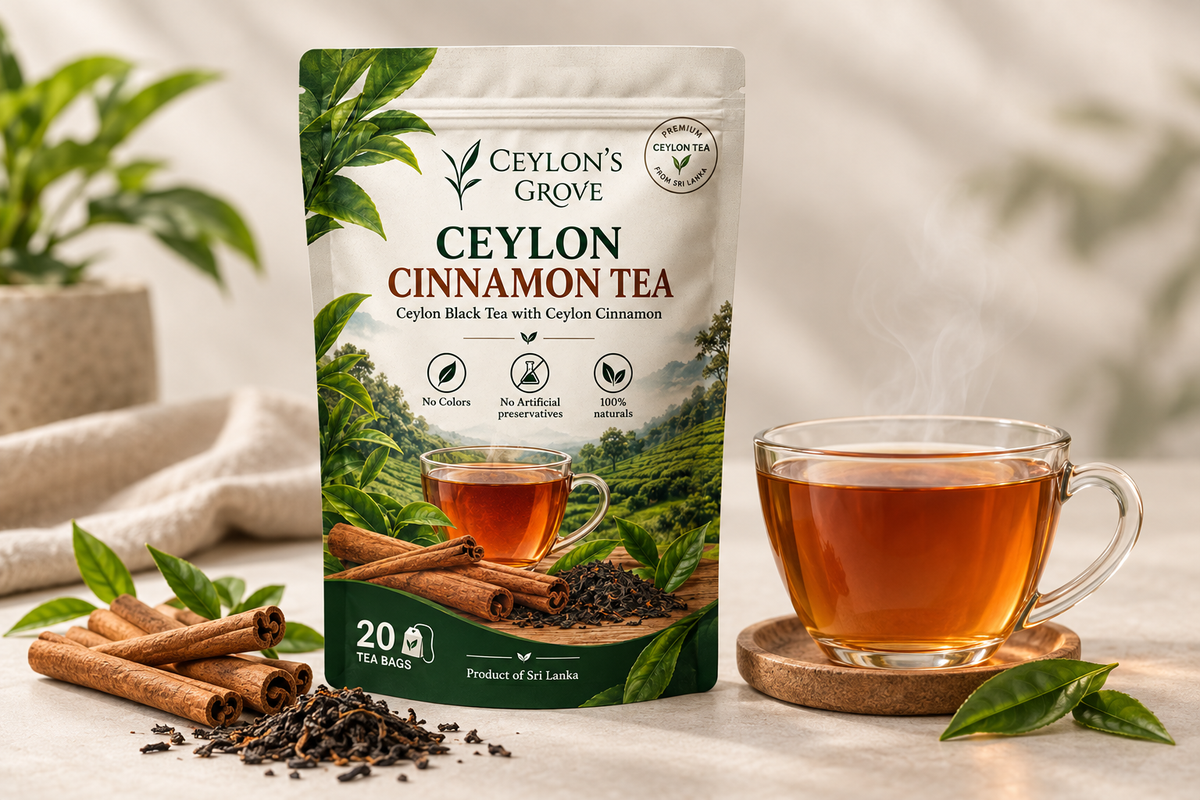 A stand-up pouch of Ceylon's Grove Ceylon Cinnamon Tea stands on a light surface beside a clear glass cup filled with amber tea, with cinnamon sticks, loose tea leaves, and green leaves around it.