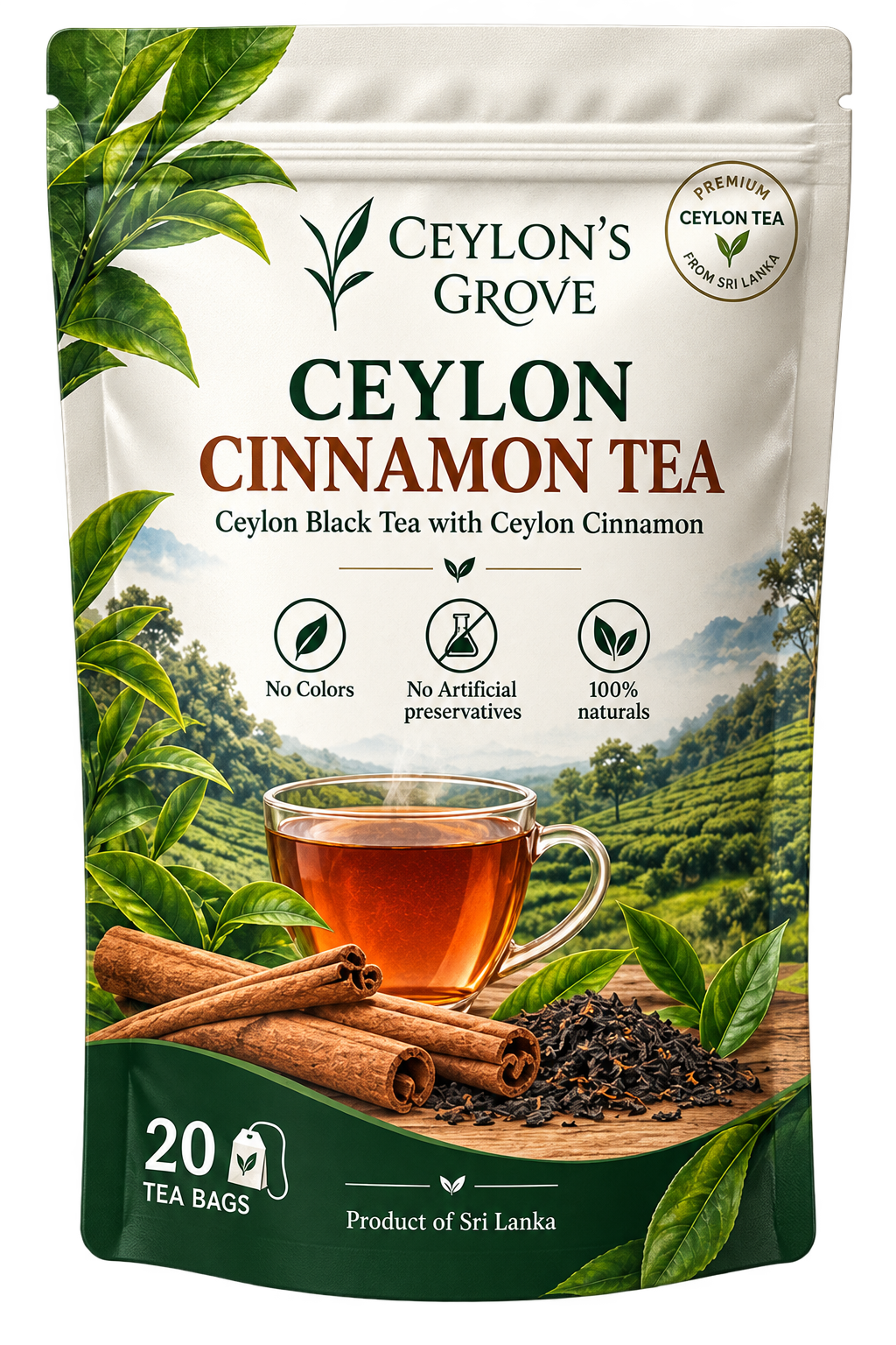 A stand-up pouch of Ceylon's Grove Ceylon Cinnamon Tea, featuring a white and green design with illustrations of tea leaves, a glass cup of amber tea, cinnamon sticks, and loose tea leaves on a scenic tea plantation background. The packaging indicates it contains 20 tea bags and is a product of Sri Lanka.