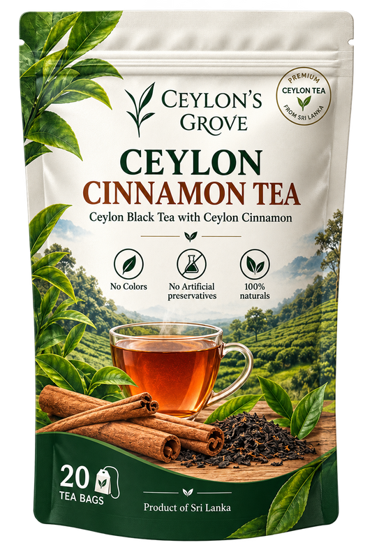 A stand-up pouch of Ceylon's Grove Ceylon Cinnamon Tea, featuring a white and green design with illustrations of tea leaves, a glass cup of amber tea, cinnamon sticks, and loose tea leaves on a scenic tea plantation background. The packaging indicates it contains 20 tea bags and is a product of Sri Lanka.